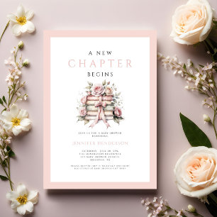 Convites Um Novo Capítulo Começa Livros com Laço Rosa Chá d