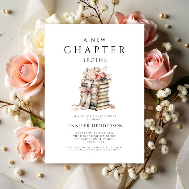 Convites Um Novo Capítulo Começa Livros com Laço Rosa Chá d (A New Chapter Begins Pink Bow Books Baby Shower Invitation)
