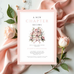 Convites Um Novo Capítulo Começa Livros com Laço Rosa Chá d