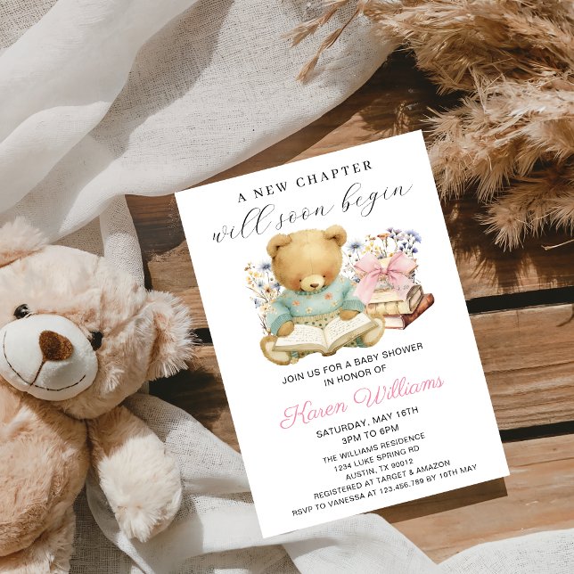 Convites Um Novo Capítulo Começa Livros de Ursinha Chá de B (Cute A new chapter will soon Begin Baby shower Girl invitation)