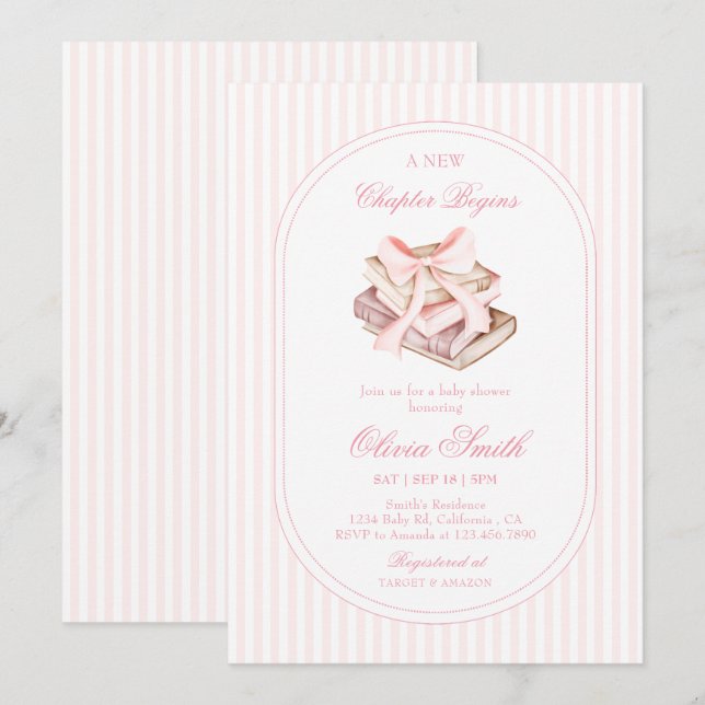 Convites Um Novo Capítulo Começa, Pink Bow Books Chá de Beb (Frente/Verso)