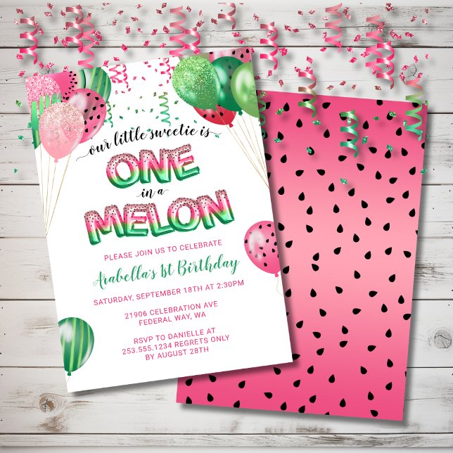Convites Um num balão de primeiro aniversario Melon Themed (One in a Melon Themed 1st Birthday Balloon Invitation)