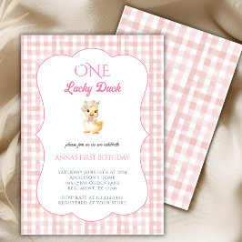 Convites Um Pato Sortudo 1ª Menina Gingham Rosa Aniversário