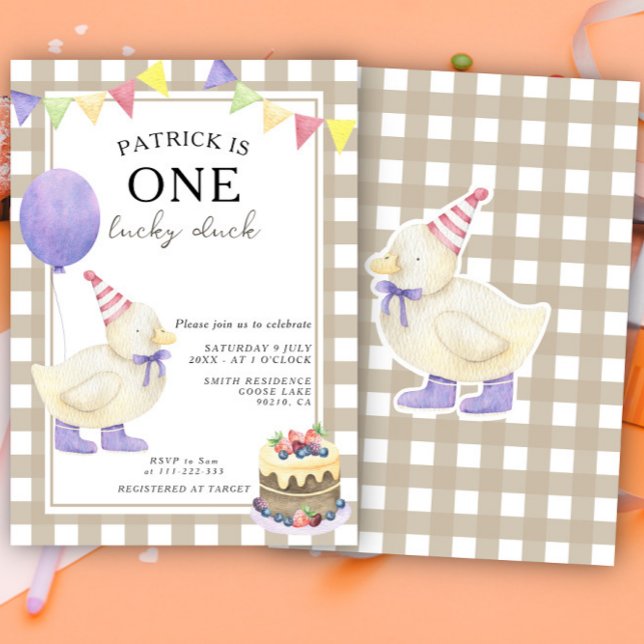 Convites Um Pato Sortudo Aniversário de Primeiro Ano Neutro (Criador carregado)