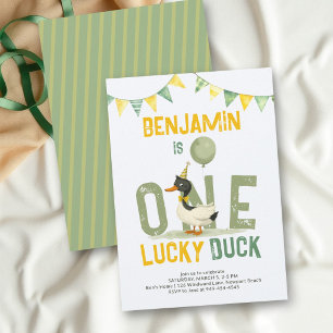 Convites Um Pato Sortudo Aquarela Verde Menino 1º Aniversár