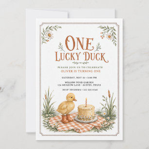 Convites Um Pato Sortudo Gingham Vintage Primeiro Aniversár