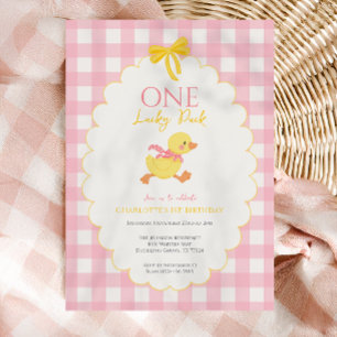 Convites Um Pato Sortudo Menina Xadrez Rosa 1º aniversário