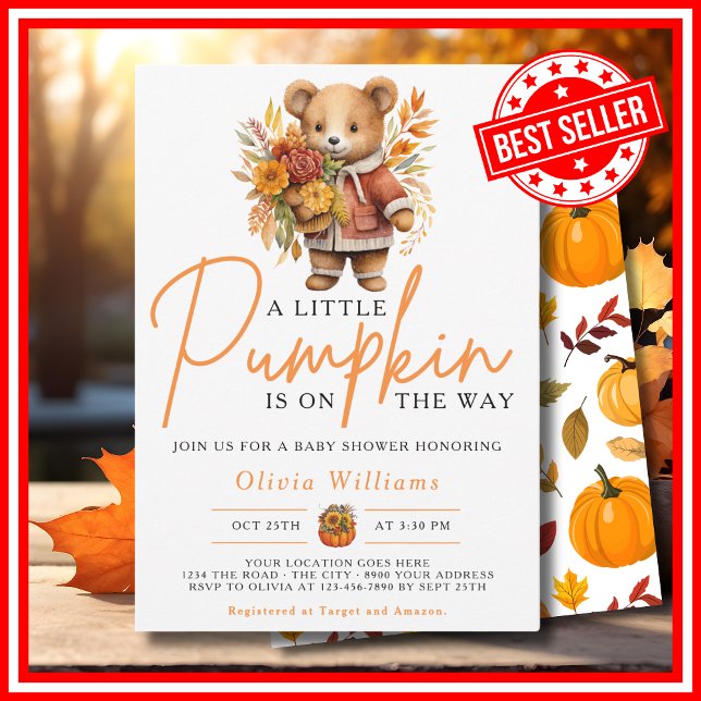 Convites Um Pequeno Abóbora Outono CUTE BEAR Chá de Bebê (A Little Pumpkin is on the Way Fall Autumn CUTE BEAR Baby Shower Invitation)