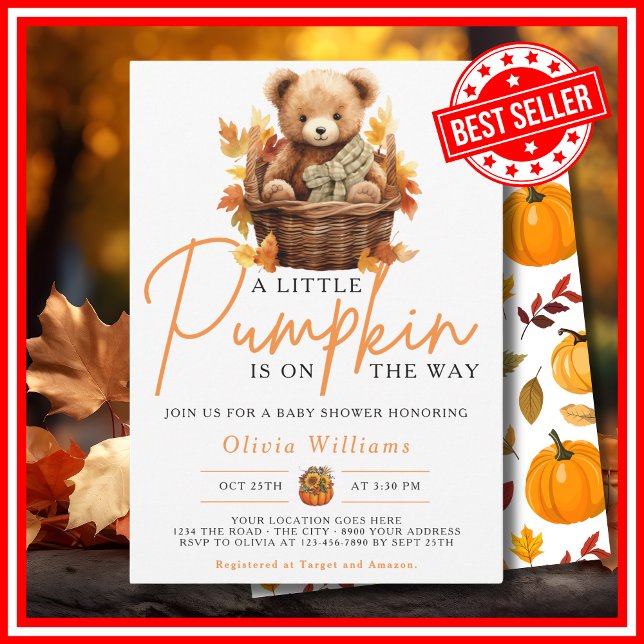 Convites Um Pequeno Abóbora Outono CUTE BEAR Chá de Bebê (A Little Pumpkin is on the Way Fall Autumn CUTE BEAR Baby Shower Invitation)