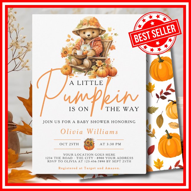 Convites Um Pequeno Abóbora Outono CUTE BEAR Chá de Bebê (A Little Pumpkin is on the Way Fall Autumn CUTE BEAR Baby Shower Invitation)