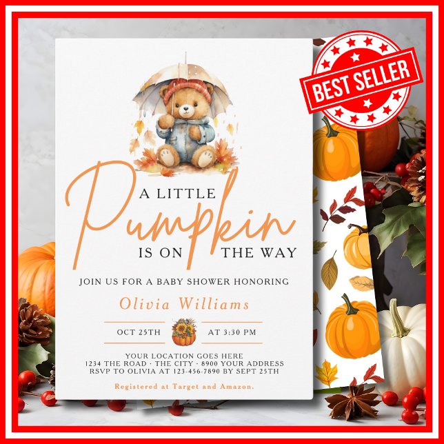 Convites Um Pequeno Abóbora Outono CUTE BEAR Chá de Bebê (A Little Pumpkin is on the Way Fall Autumn CUTE BEAR Baby Shower Invitation)