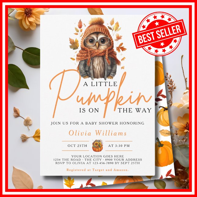 Convites Um Pequeno Abobrinha Outono CUTE OWL Chã de Bebê (A Little Pumpkin is on the Way Fall Autumn CUTE OWL Baby Shower Invitation)