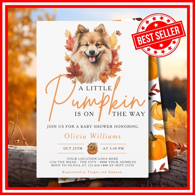 Convites Um Pequeno Abobrinha Outono DOG Chá de Bebê (A Little Pumpkin is on the Way Fall Autumn Dog Baby Shower Invitation)