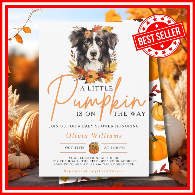 Convites Um Pequeno Abobrinha Outono DOG Chá de Bebê (A Little Pumpkin is on the Way Fall Autumn Dog Baby Shower Invitation)