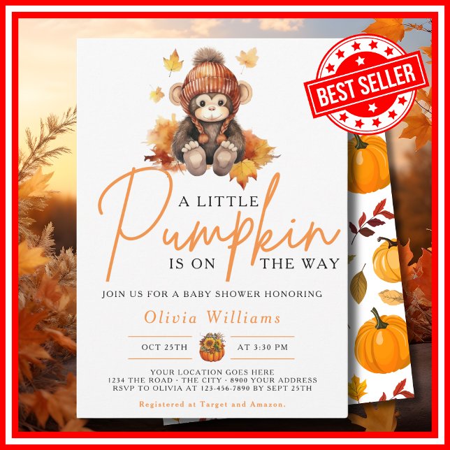 Convites Um Pequeno Abobrinha Outono MONKEY Chás de Bebê (A Little Pumpkin is on the Way Fall Autumn CUTE MONKEY Baby Shower Invitation)