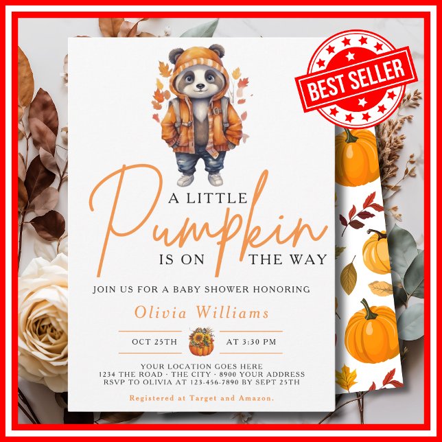 Convites Um Pequeno Abobrinha Outono PANDA Chá de Bebê (A Little Pumpkin is on the Way Fall Autumn CUTE PANDA Baby Shower Invitation)