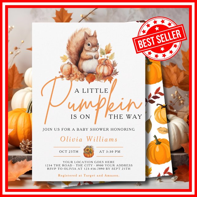 Convites Um Pequeno Abobrinha Outono SQUIRREL Chás de Bebê (A Little Pumpkin is on the Way Fall Autumn Squirrel Baby Shower Invitation)