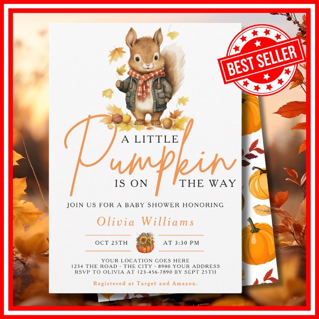 Convites Um Pequeno Abobrinha Outono SQUIRREL Chuvinha de B (A Little Pumpkin is on the Way Fall Autumn Squirrel Baby Shower Invitation)