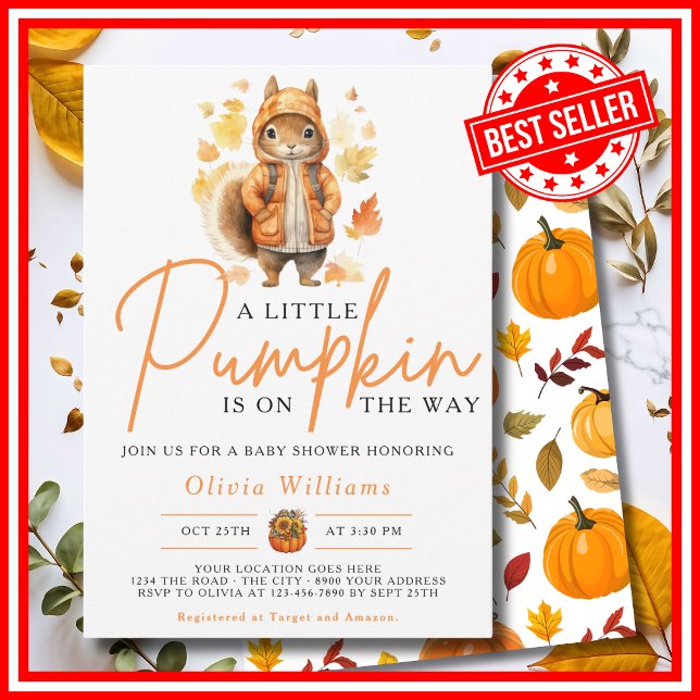 Convites Um Pequeno Abobrinha Outono SQUIRREL Chuvinha de B (A Little Pumpkin is on the Way Fall Autumn Squirrel Baby Shower Invitation )