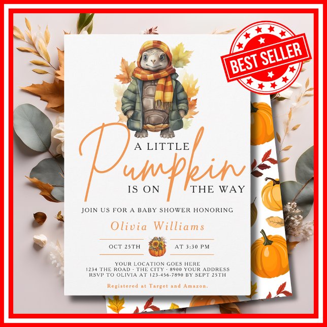 Convites Um Pequeno Abobrinha Outono TURTLE Chuvinha de Beb (A Little Pumpkin is on the Way Fall Autumn CUTE TURTLE Baby Shower Invitation)