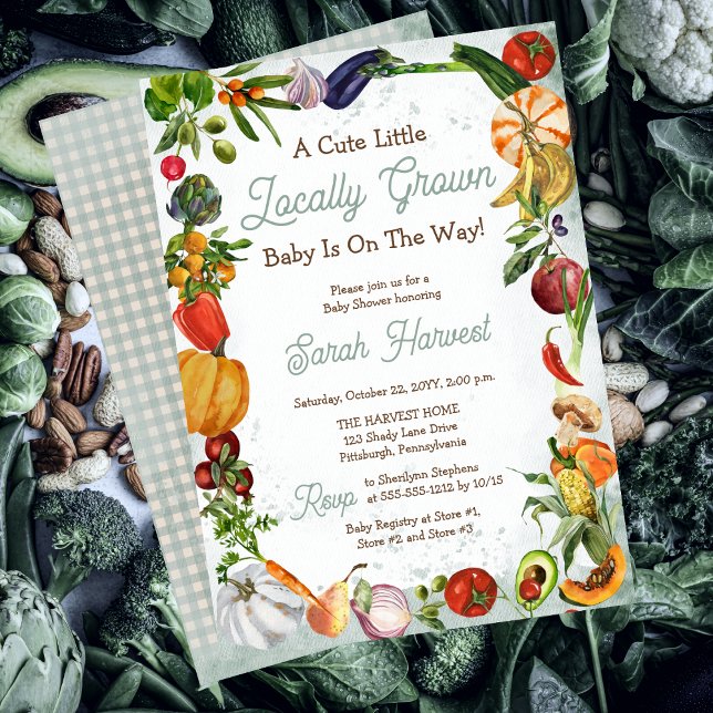 Convites Um Pequeno Bebê Cultivado Localmente Está No Camin ("A Cute Little Locally Grown Baby Is On The Way!" Boy Baby Shower Invitation)