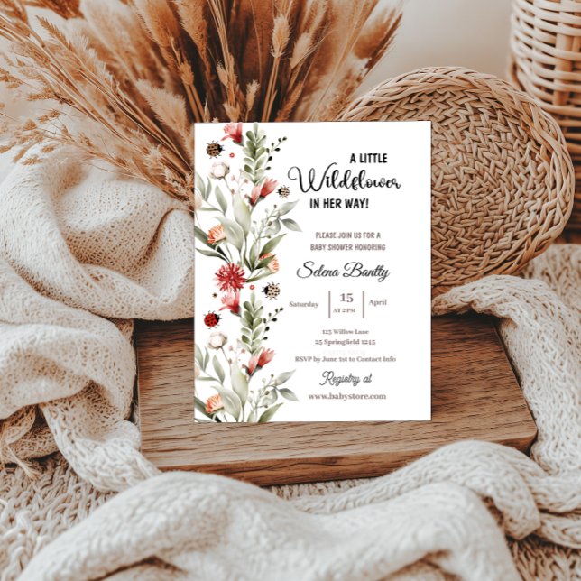 Convites Um Pequeno Chá De Bebê De Flor Selvagem Ladybug (baby shower invitations a little wildflower watercolor floral for her boho)
