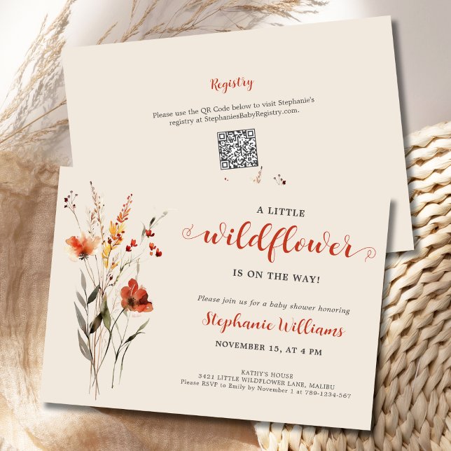 Convites Um Pequeno Chá de fraldas de Aquarela de Flor Selv (A Little Wildflower is on the Way Baby Shower Invitation with BOHO fall flowers in rust and orange.)