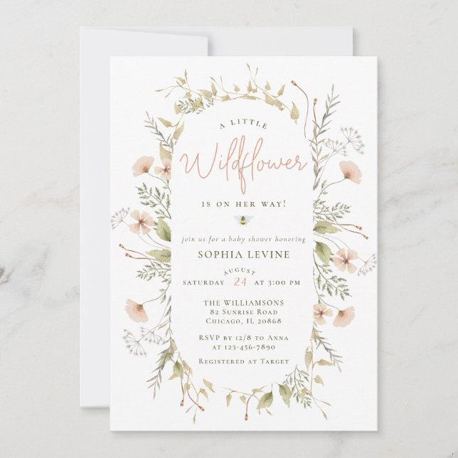 Convites Um Pequeno Chá de fraldas De Bebê De Flor Selvagem (Frente)