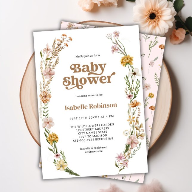Convites Um Pequeno Chá de fraldas De Bicho De Flor Selvage (A Little Wildflower Boho Chic Girl Baby Shower Invitation)