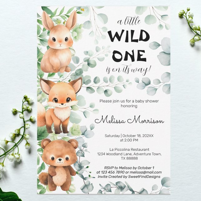 Convites Um Pequeno Chá de fraldas De Eucalyptus Animais Se (A Little Wild One Animals Eucalyptus Baby Shower Invitation)