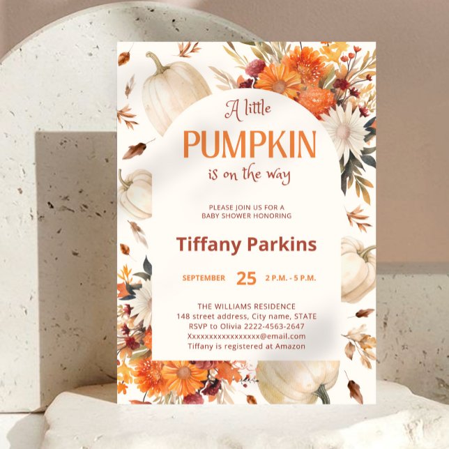 Convites Um Pequeno Chá de fraldas de flor de abóbora (A little pumpkin is on the way! autumn-themed baby shower invitation with watercolor pumpkins)