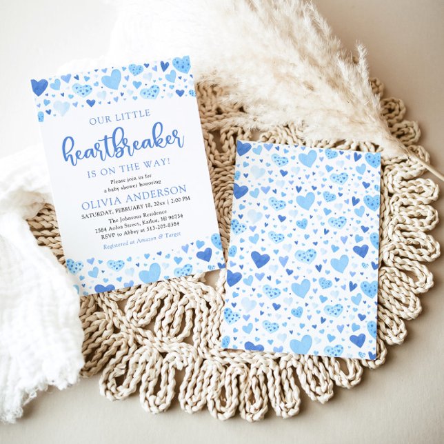 Convites Um pequeno Chá de fraldas de Namorados Azul (Watercolor Cute A Little Heartbreaker Blue Hearts Baby Boy Valentine Baby Shower Invitation)