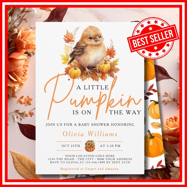 Convites Um pequeno Chá de fraldas de Pumpkin Caiu no Outon (A Little Pumpkin is on the Way Fall Autumn CUTE BIRD Baby Shower Invitation)