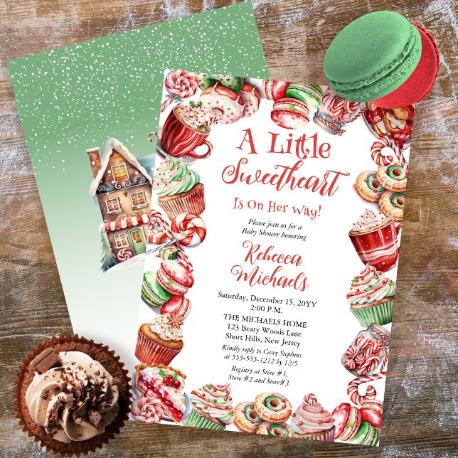 Convites Um Pequeno Chá de fraldas De Quadro De Padaria Doc ("A Little Sweetheart Is On Her Way" Christmas Holiday Candy Frame Girl Baby Shower Invitation)