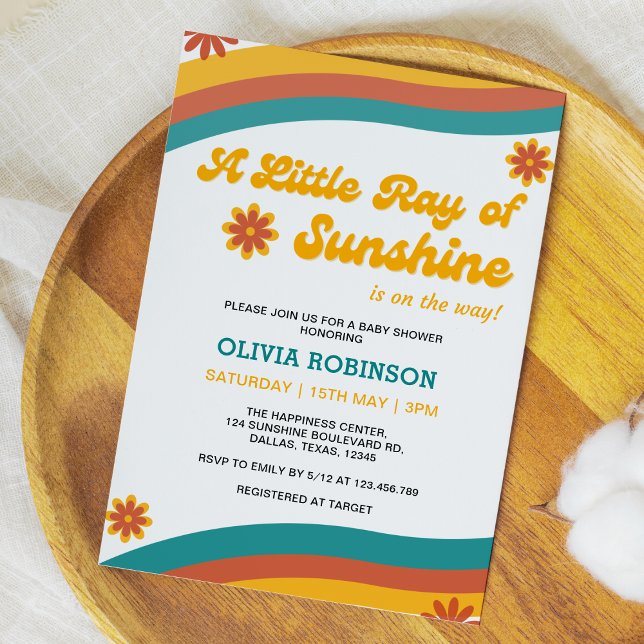 Convites Um Pequeno Chá de fraldas do Sol-Shine Boho (A Little Ray of Sunshine Boho Retro Baby Shower Invitation )