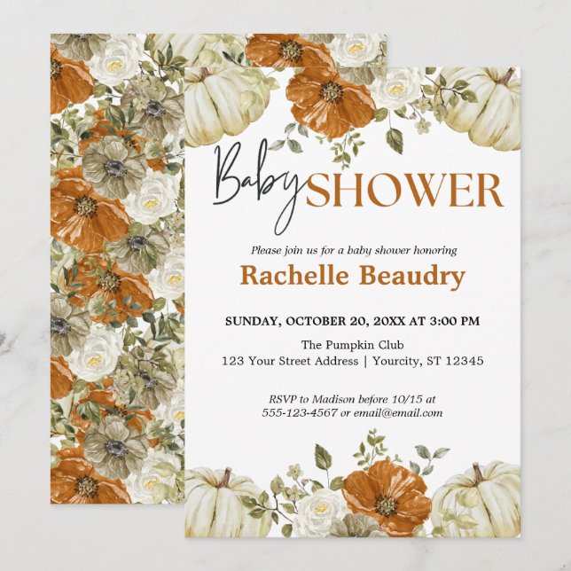 Convites Um Pequeno Chá de fraldas Floral de outono de Abób (Frente/Verso)