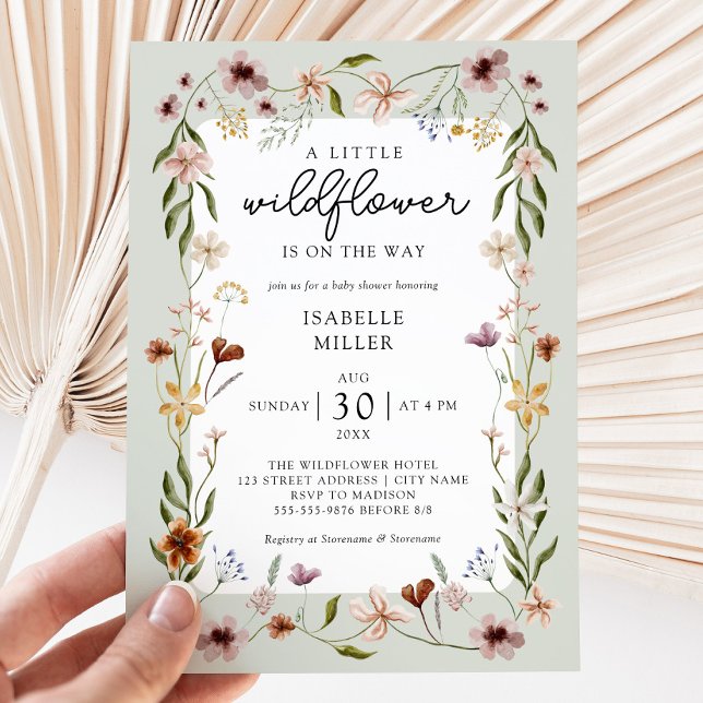 Convites Um pequeno Chá de fraldas verde de flor selvagem (A Little Wildflower Sage Green Baby Shower Invitation)