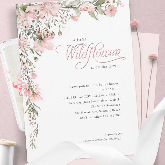 Convites Um pequeno Chá de Namorada Floral Rosa Rosa (Pink wildflower and elegant calligraphy style, Baby Girl shower invitation.)
