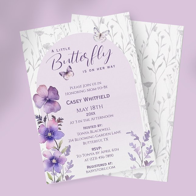 Convites Um Pequeno Chuveiro de Bebê Borboleta Roxa Flor Si (A Little Butterfly Purple Boho Baby Shower Invitation)