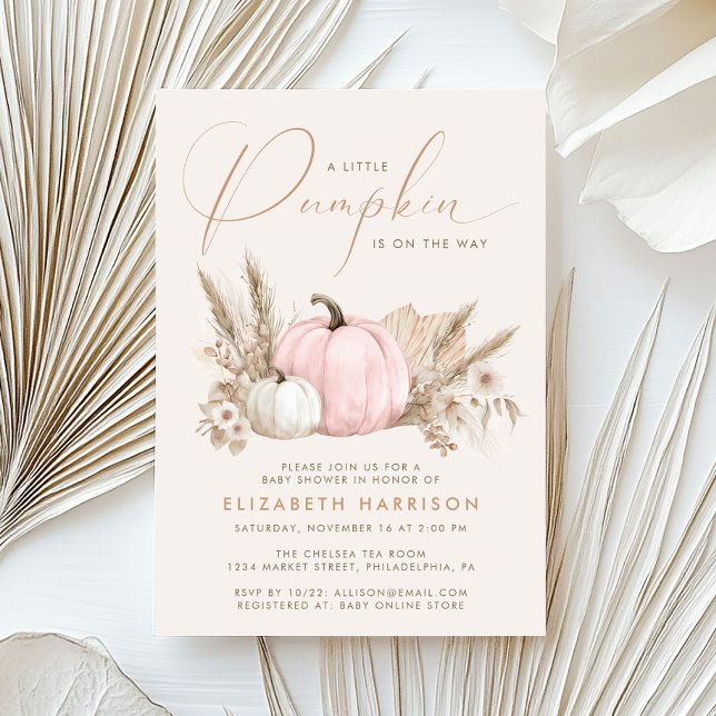 Convites Um Pequeno Chuveiro de Bebê Menina Rosa de Abóbora (A Little Pumpkin Pink Fall Baby Girl Shower Invitation)