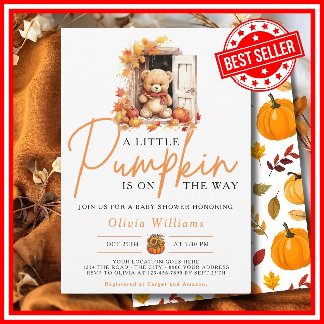 Convites Um Pequeno Chuveiro de Bebê Urso FOFO de Outono (A Little Pumpkin is on the Way Fall Autumn CUTE BEAR Baby Shower Invitation)