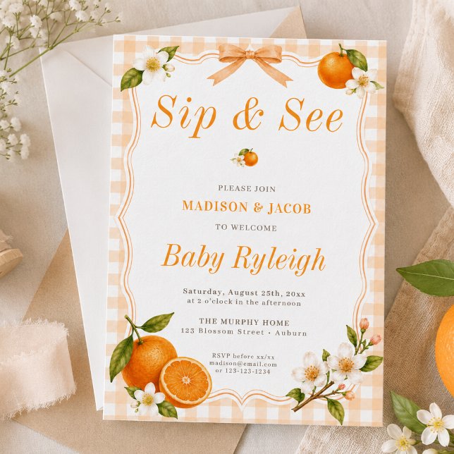 Convites Um Pequeno Corte Laranja Flor de Gingham Bebê Reve (Criador carregado)