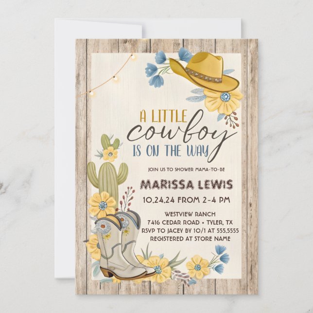 Convites Um Pequeno Cowboy Está a Caminho Bleu Amarelo West (Frente)
