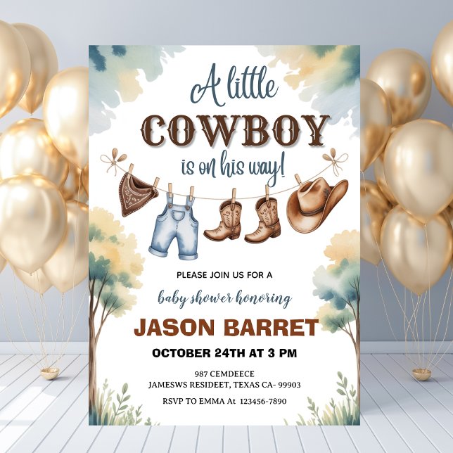 Convites "Um Pequeno Cowboy está a caminho" Chá de fraldas ("A Little Cowboy is on His Way" Baby Shower Invitation
)