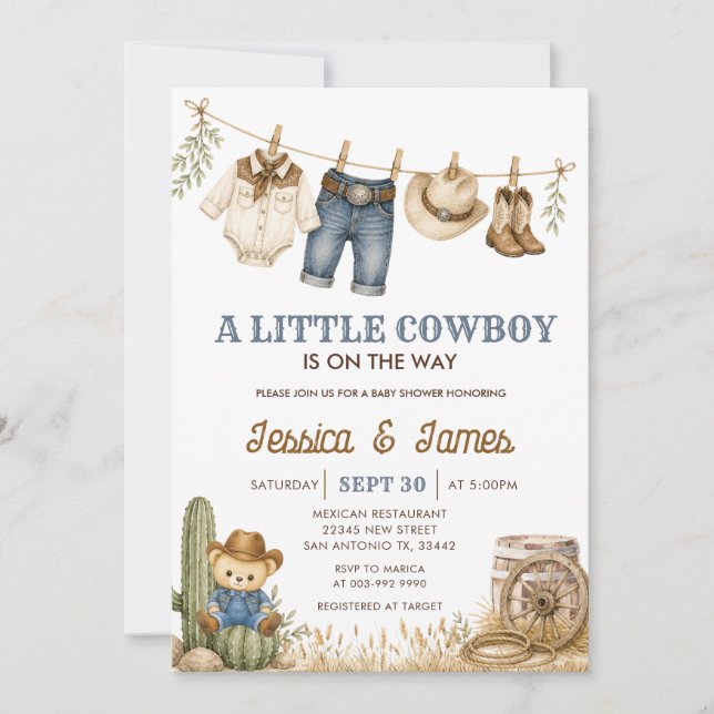 Convites Um Pequeno Cowboy está a Caminho Urso Chá de Bebê (Frente)
