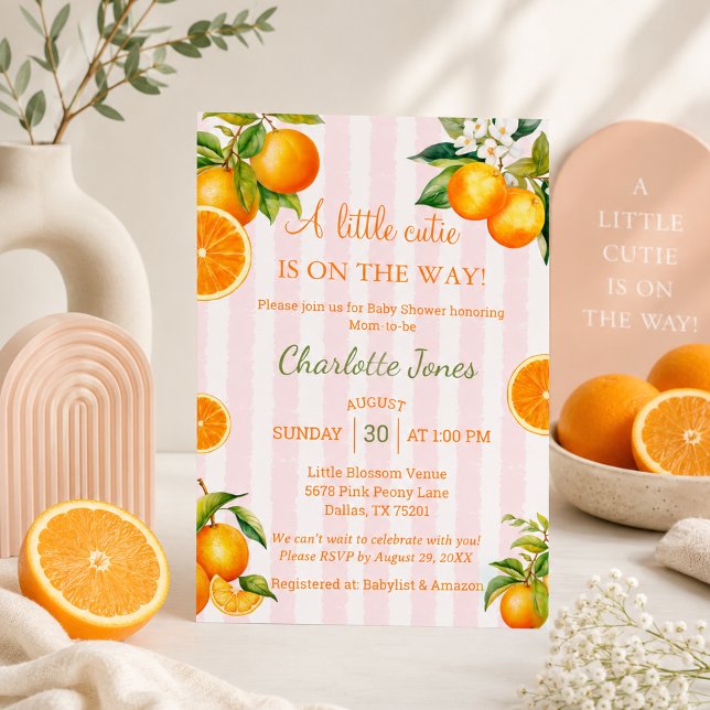 Convites Um Pequeno Doce Está a Caminho Chuva de Citros Ban (A little cutie is on the way Orange Citrus baby shower invitation)
