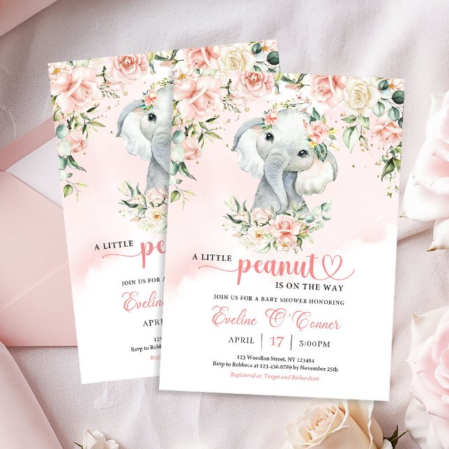 Convites Um pequeno elefante de amendoim borra ouro floral (A little peanut baby elephant blush floral gold invitation)