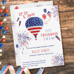 Convites Um Pequeno Firecracker Para Cima e Fora do Chá de<br><div class="desc">Para cima e para fora, está a caminho um fogos de artifício! O convite de aniversário do dia 4 de julho com balão de ar quente, pipa, balões e fogos de artifício em uma paleta patriótica de cor vermelha branca e azul. Sexo neutro, em branco vermelho e azul, para um...</div>