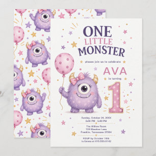 Convites Um Pequeno Monstro Menina 1º Aniversário