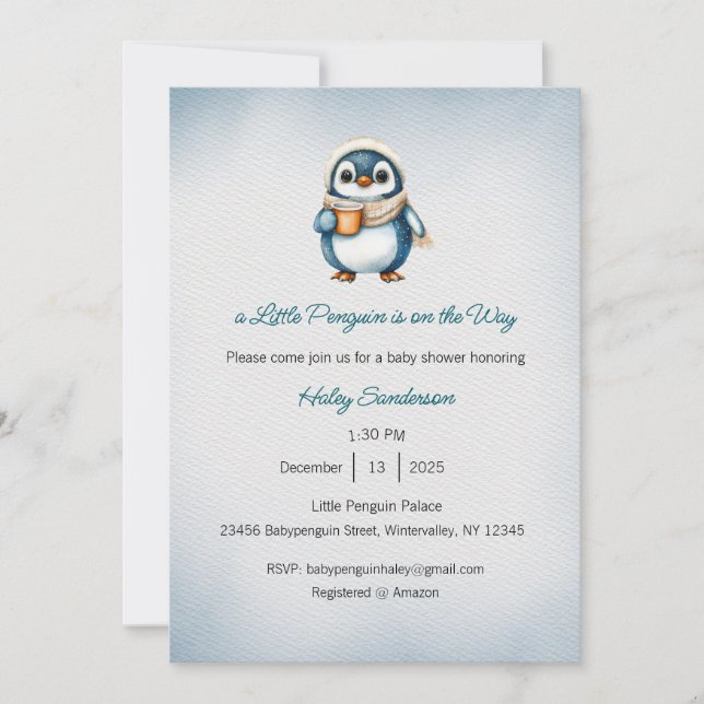 Convites Um pequeno pinguim está a caminho Convite, Bebê  (Frente)